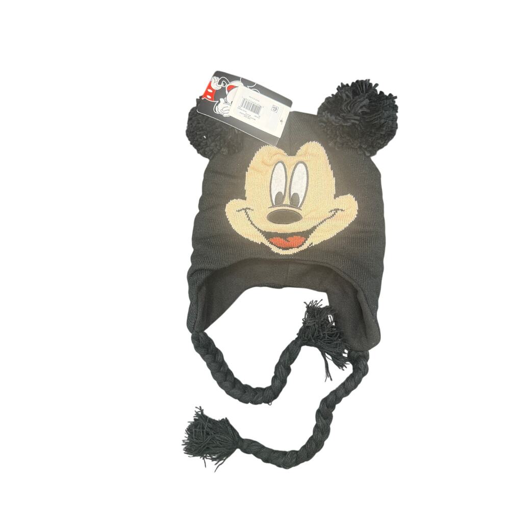 Disney Womens Mickey Mouse Face Peruvian Beanie Earflap Pom Braids Hat NWT Black